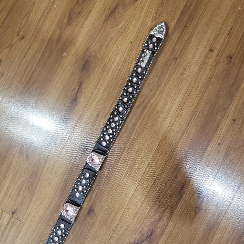 Studded Pink Rhinestone Bling Buckle Brown Leather Belt! Medium